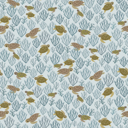 This delightful fabric features an enchanting underwater scene with adorable sea turtles swimming among delicate coral. The design is set against a soothing light blue background, which enhances the playful yet serene aquatic theme, making it perfect for a variety of creative projects from children's apparel to home decor.