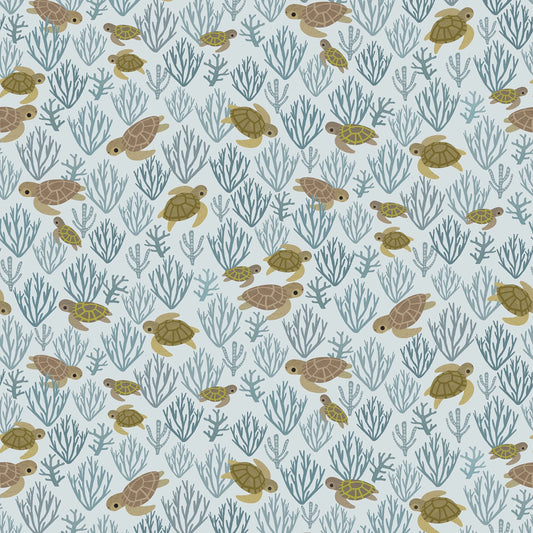 This delightful fabric features an enchanting underwater scene with adorable sea turtles swimming among delicate coral. The design is set against a soothing light blue background, which enhances the playful yet serene aquatic theme, making it perfect for a variety of creative projects from children's apparel to home decor.