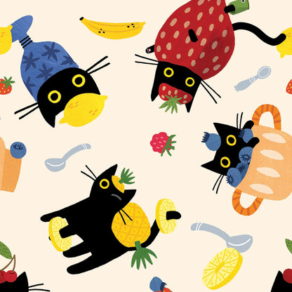 Dive into a world of whimsy with this delightful fabric featuring playful black cats whimsically disguised as an array of vibrant fruits, creating a charming cat fruit print that's perfect for sparking creativity in your projects. Adorable felines don fruity costumes like zesty lemons, juicy strawberries, tropical pineapples, and sunny bananas, complete with expressive wide eyes and mischievous poses that add a touch of fun to every inch. Scattered throughout are colorful accents of raspberries, cherries, b