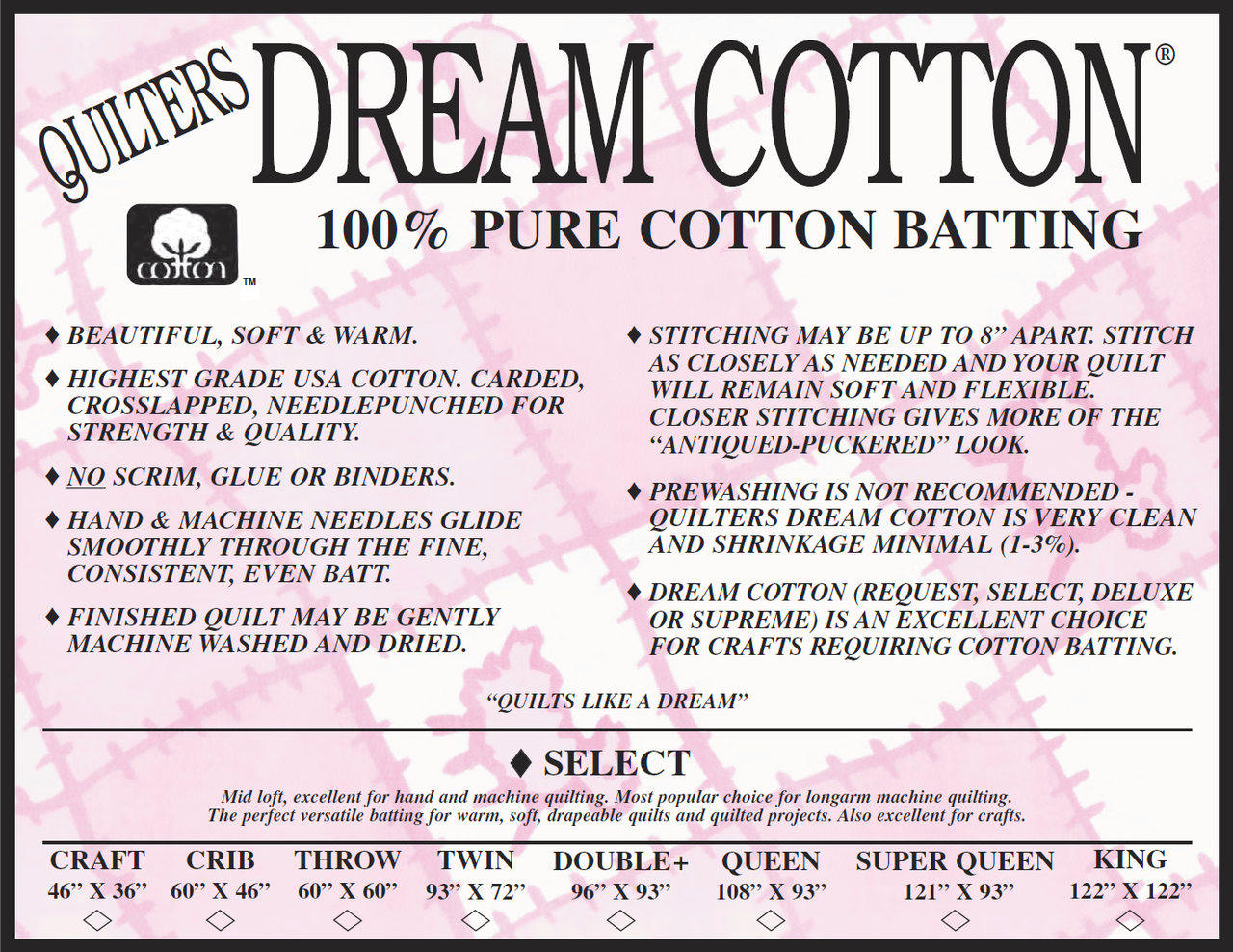 Twin Size - Quilter's Dream Select Batting - Cotton (selcot-twin) 