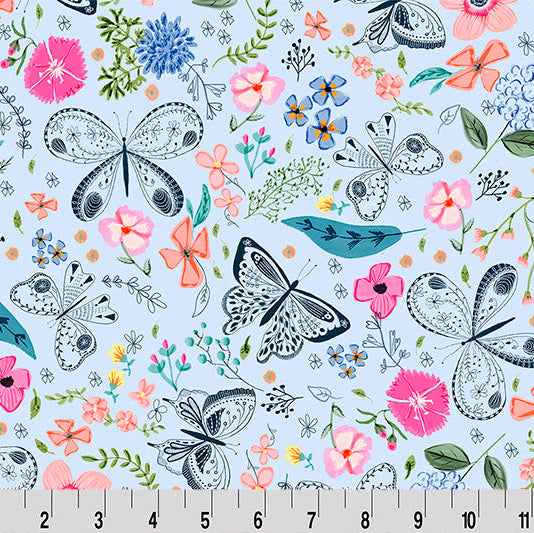Butterfly and floral pattern on a light blue background with a ruler at the bottom.