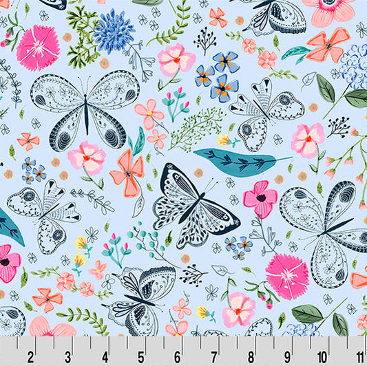Butterfly and floral pattern on a light blue background with a ruler at the bottom.