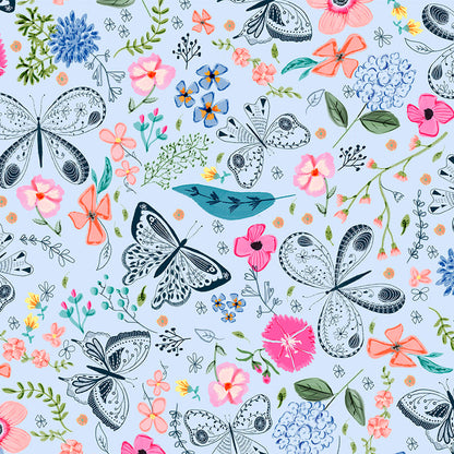 Pattern of butterflies and flowers on a light blue background