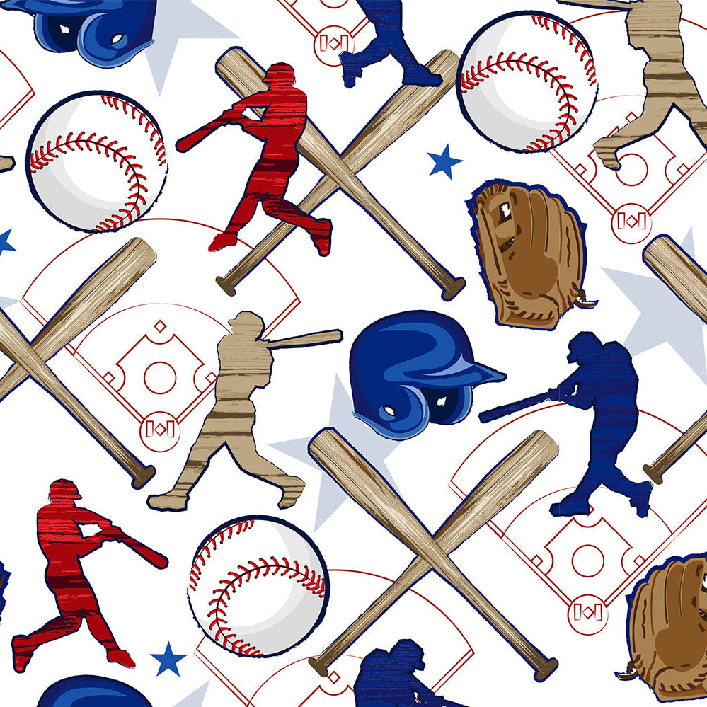 Baseball-themed pattern with players, bats, and balls on a white background