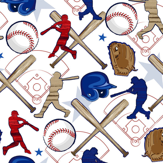 Baseball-themed pattern with players, bats, and balls on a white background