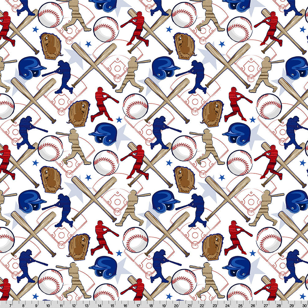 Baseball-themed fabric pattern with players, bats, and balls on a white background