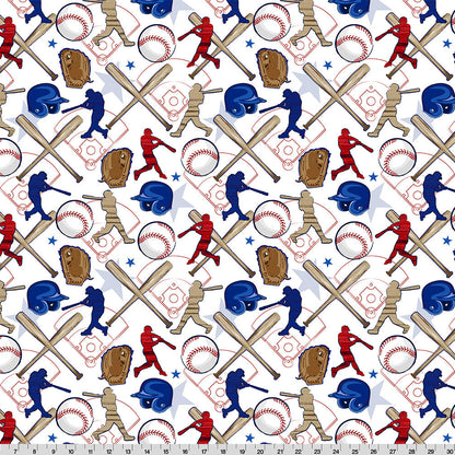Baseball-themed fabric pattern with players, bats, and balls on a white background