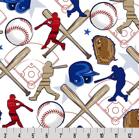 Baseball-themed fabric with players, bats, and balls on a white background.