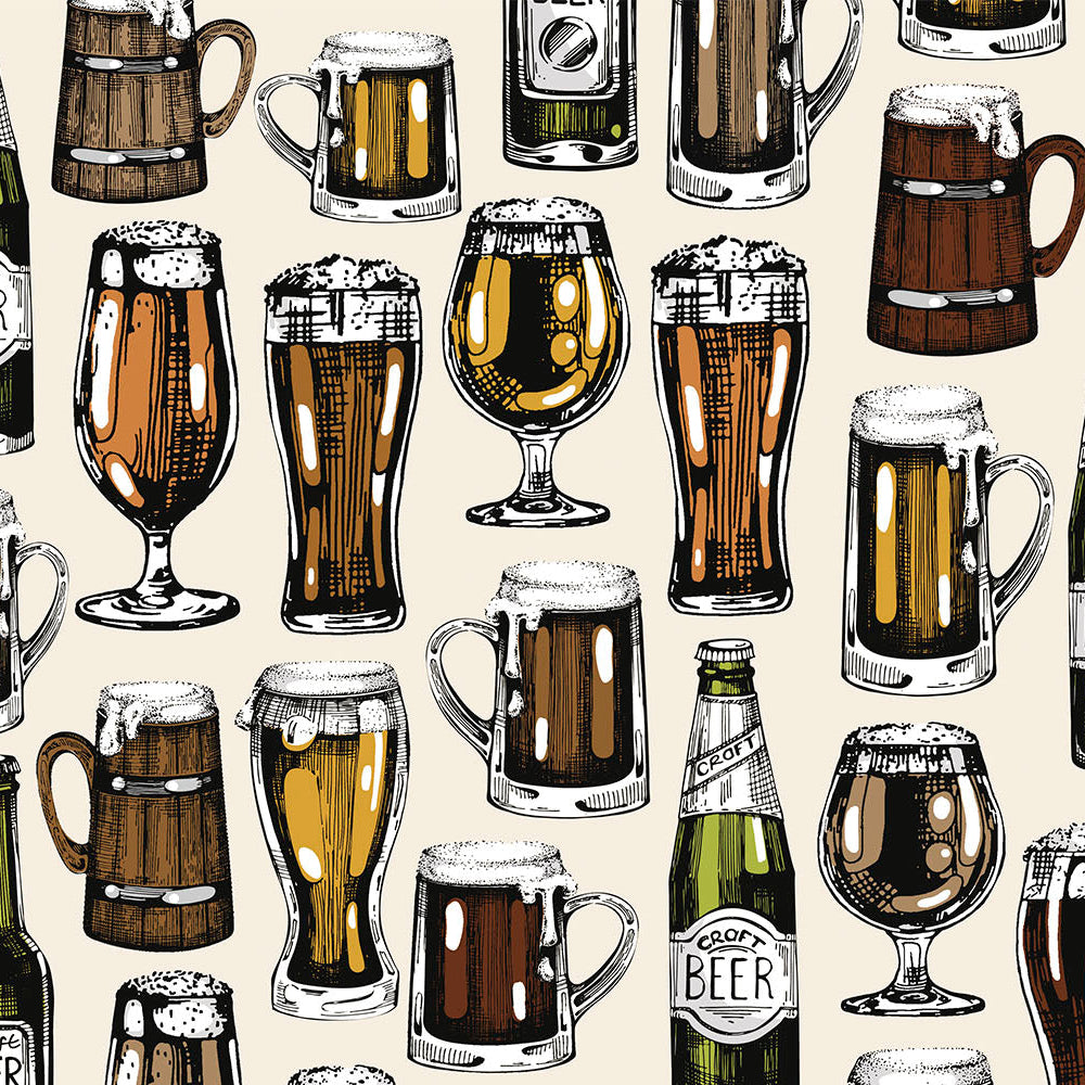 Pattern of beer bottles, glasses, and mugs on a beige background