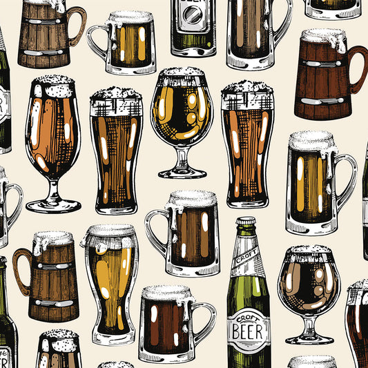 Pattern of beer bottles, glasses, and mugs on a beige background