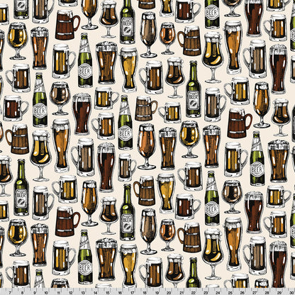 Pattern of beer bottles and glasses on a white background