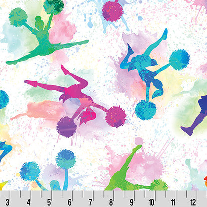 Colorful fabric pattern with cheerleader silhouettes and pom-poms on a watercolor background.