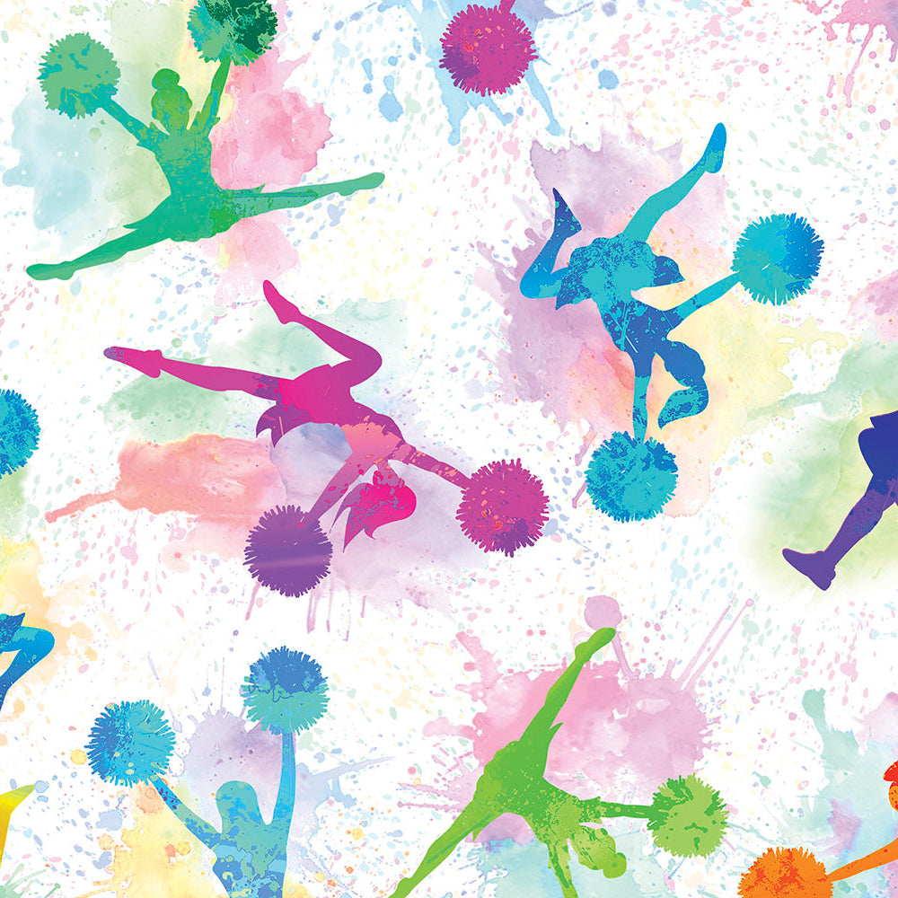 Colorful pattern of cheerleaders with pom-poms on a watercolor background