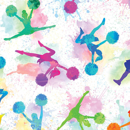 Colorful pattern of cheerleaders with pom-poms on a watercolor background
