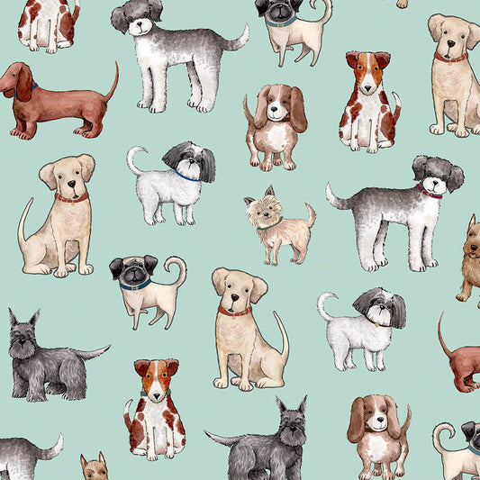 Pattern of various dog breeds on a light blue background