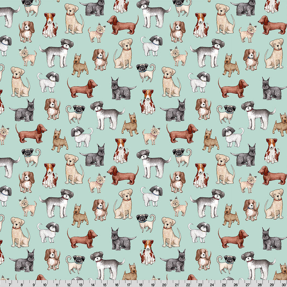 Pattern of various dog illustrations on a light blue background