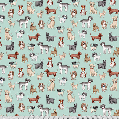 Pattern of various dog illustrations on a light blue background