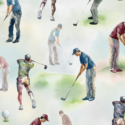 Illustration of various golfers in different poses on a light background