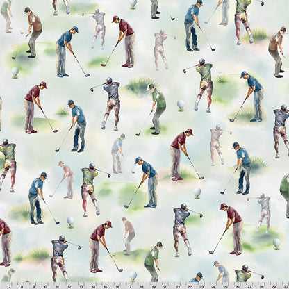 Pattern of golfers in various poses on a light background