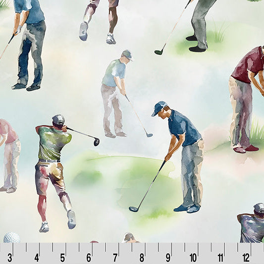Pattern of golfers playing golf with a ruler at the bottom for scale.