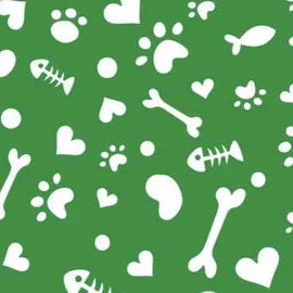 Pattern of bones, hearts, and paw prints on a green background