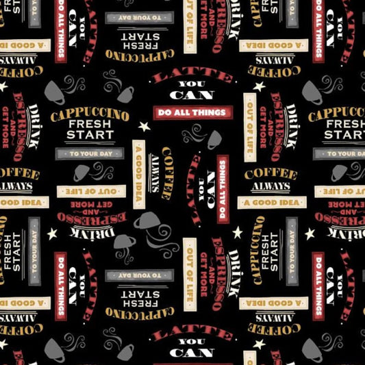 CLEARANCE Coffee Always Word Toss Black - Wilmington Prints Cotton
