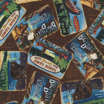 CLEARANCE Lake Adventure Brown Signs - Wilmington Prints Cotton