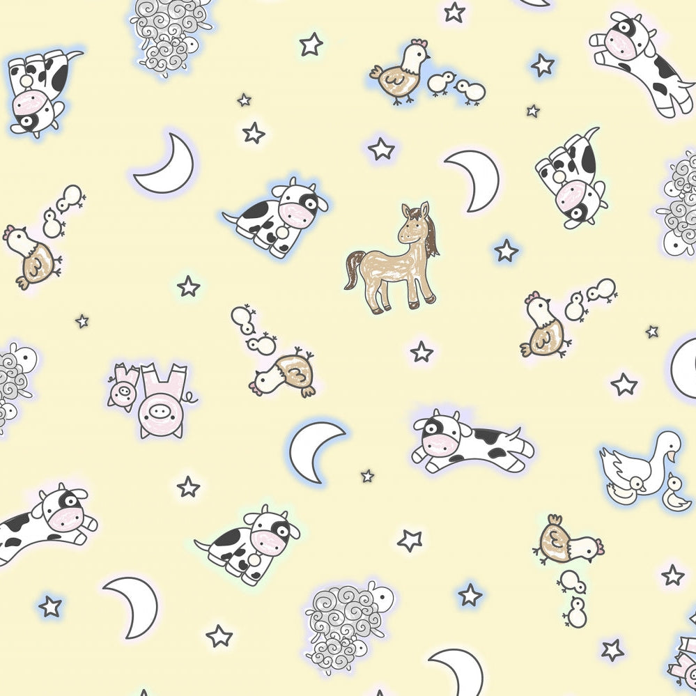 Pattern of cartoon animals and shapes on a yellow background