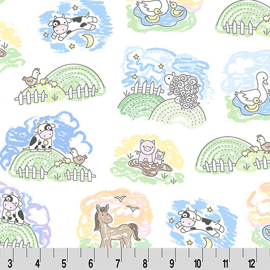 Children's fabric with farm animal patterns on a white background