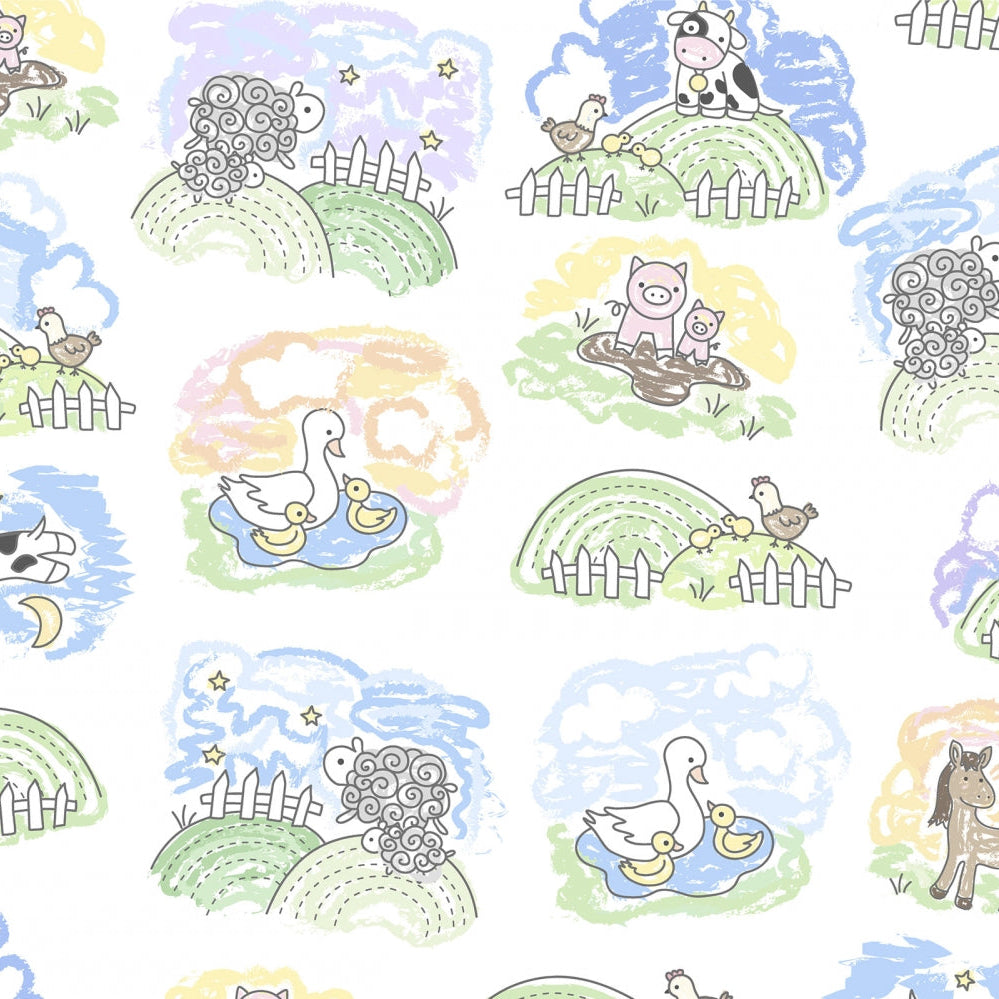 Pattern of cartoon animals in a garden setting on a white background