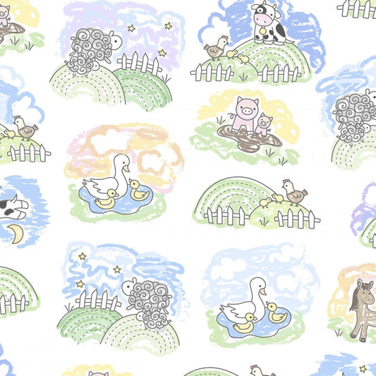 Pattern of cartoon animals in a garden setting on a white background