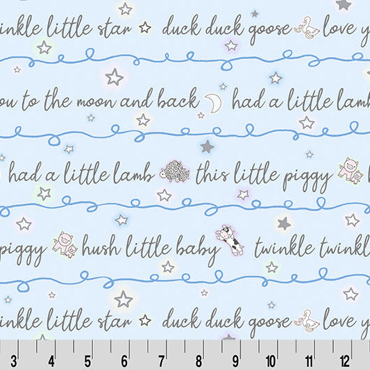 Text pattern with nursery rhymes on a light blue background