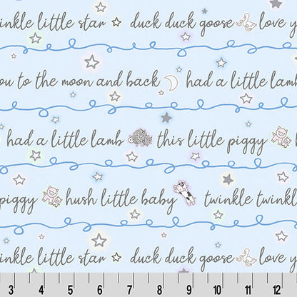 Text pattern with nursery rhymes on a light blue background