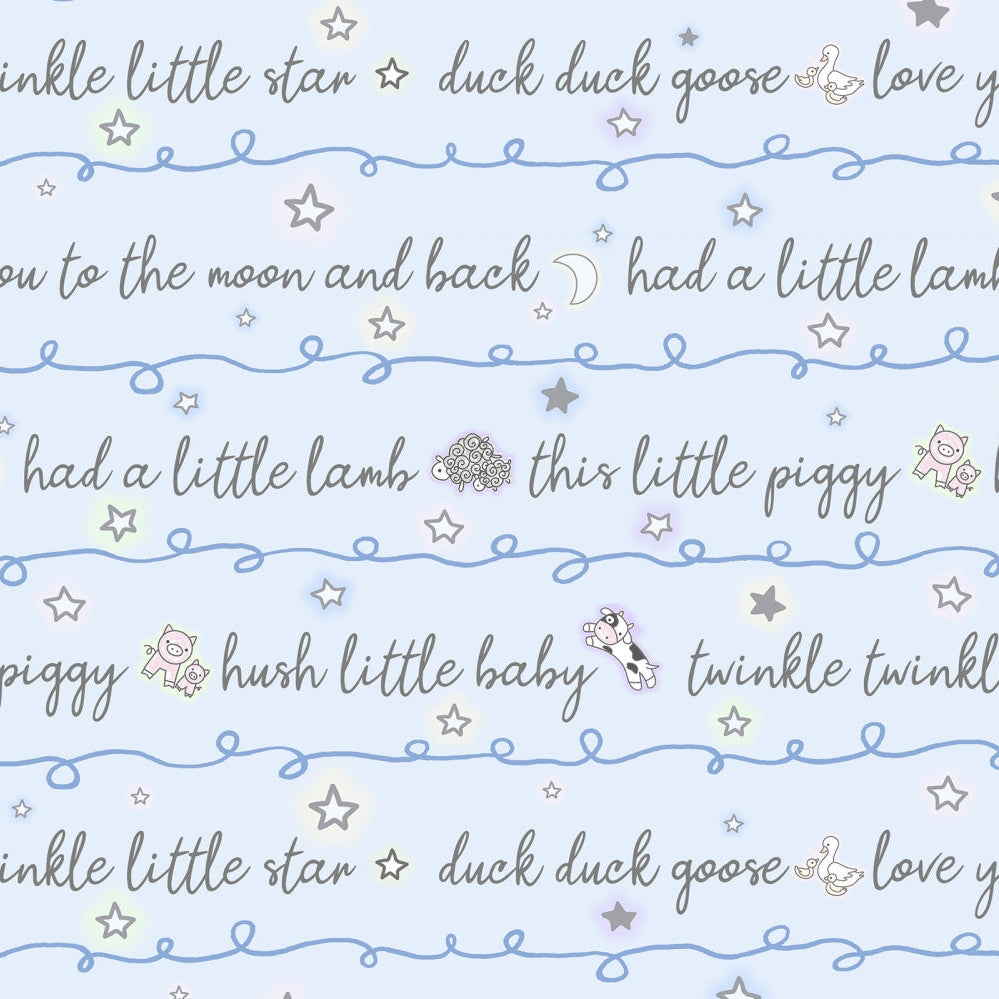 Text pattern with nursery rhymes and stars on a light blue background