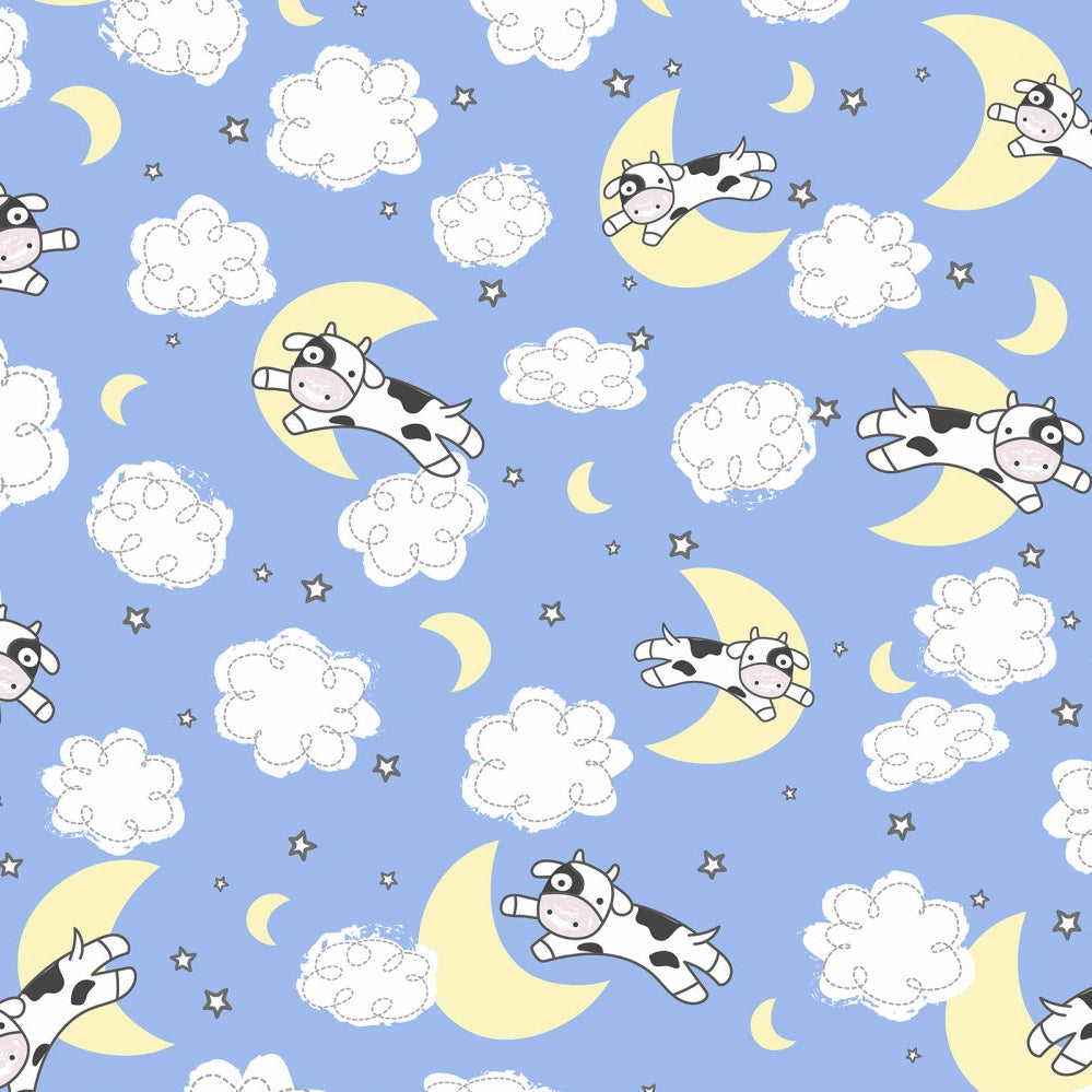 Pattern of cows on moons and clouds with a blue background