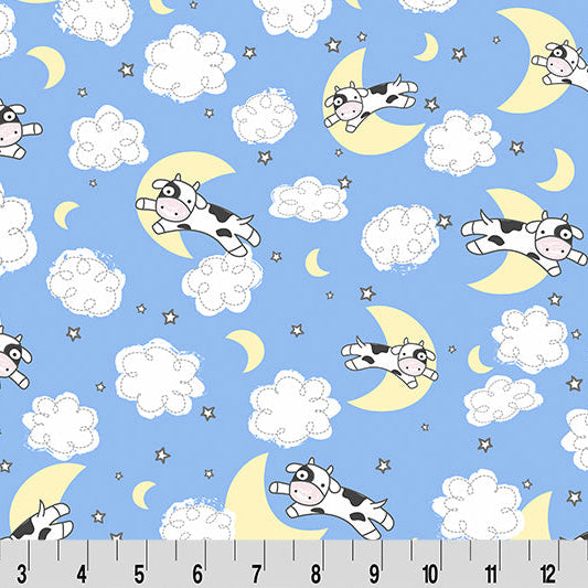 Cute cow illustrations on moons and clouds with a ruler at the bottom for scale.