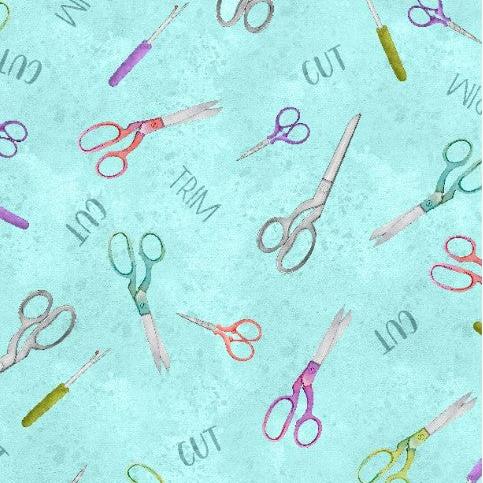 CLEARANCE Sew Be It Aqua Scissors - Wilmington Prints Cotton
