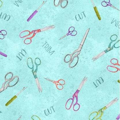 CLEARANCE Sew Be It Aqua Scissors - Wilmington Prints Cotton