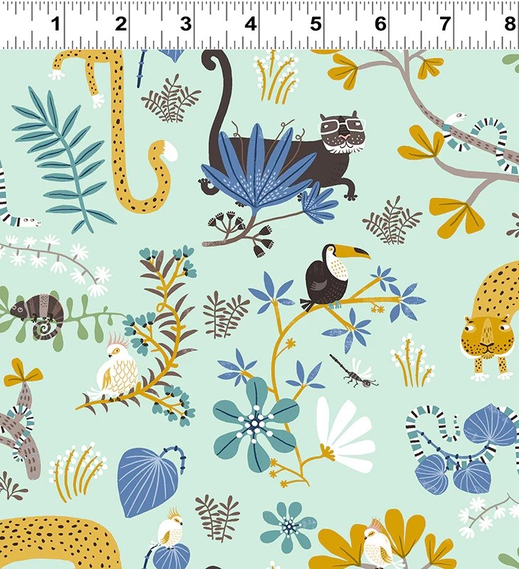 Light Turquoise Jungle Jive Animals - Clothworks Cotton (Y3111-100)