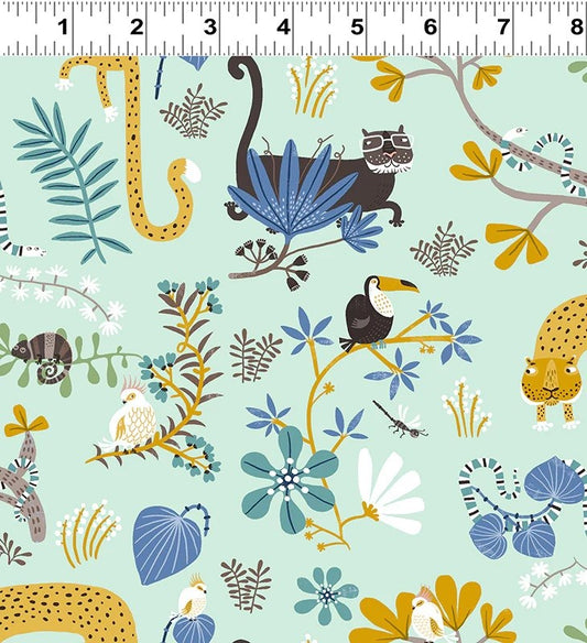 Light Turquoise Jungle Jive Animals - Clothworks Cotton (Y3111-100)