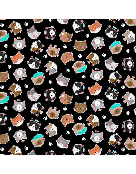 Purrfect Partners Heads on Black - Wilmington Prints Cotton